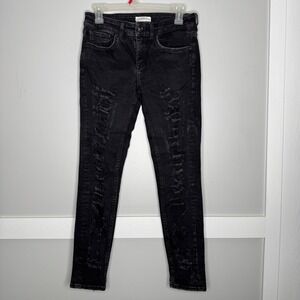 Zara Premium Denim Jeans Womens Size 6 Black Distressed Skinny Stretch Mid Rise
